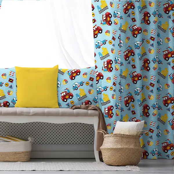 Erkek Çocuk ve Bebek Odası Fon Perde - Arabalar Desenli - Mavi Kırmızı