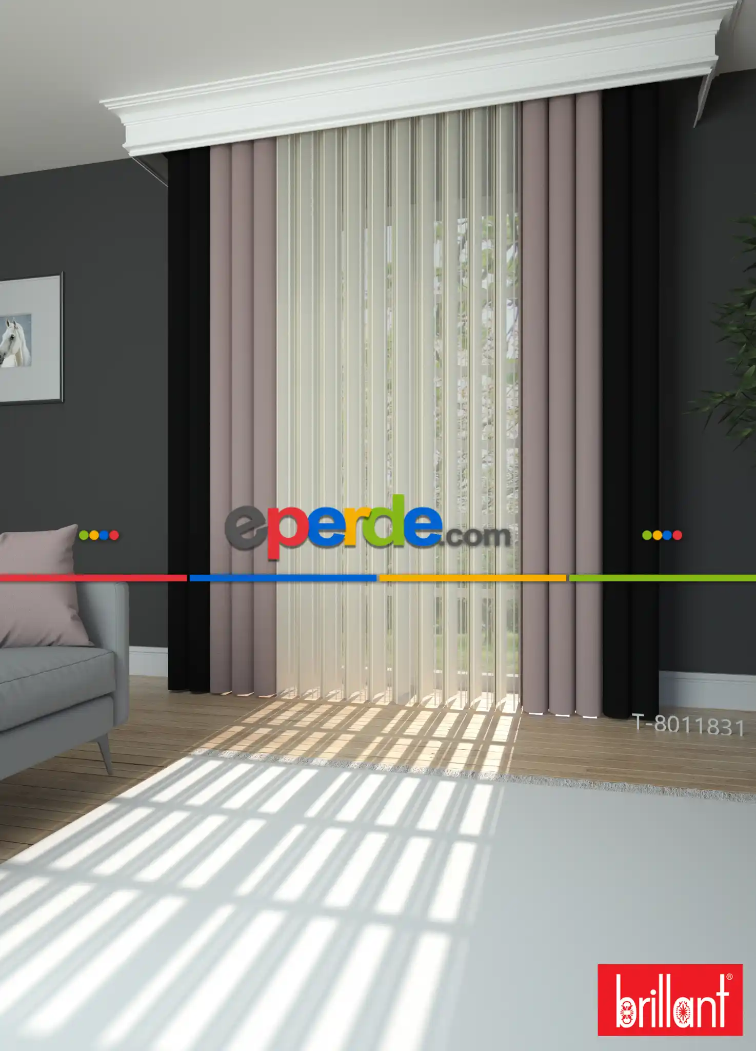 Brillant Marka - Akıllı Tül Siyah-koyu Lila Perde Tül Dikey Zebra Perde Düz 1. Kalite