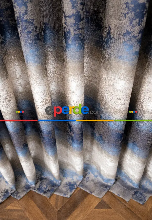 Patinedesenli Gökkuşağı Desen Koyu Lacivert Bej Jakar Fon Perde