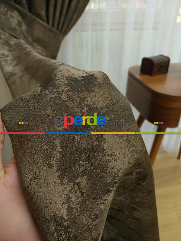 Patinedesenli Kahve - Katyonik Jakar Fon Perde- Kahve