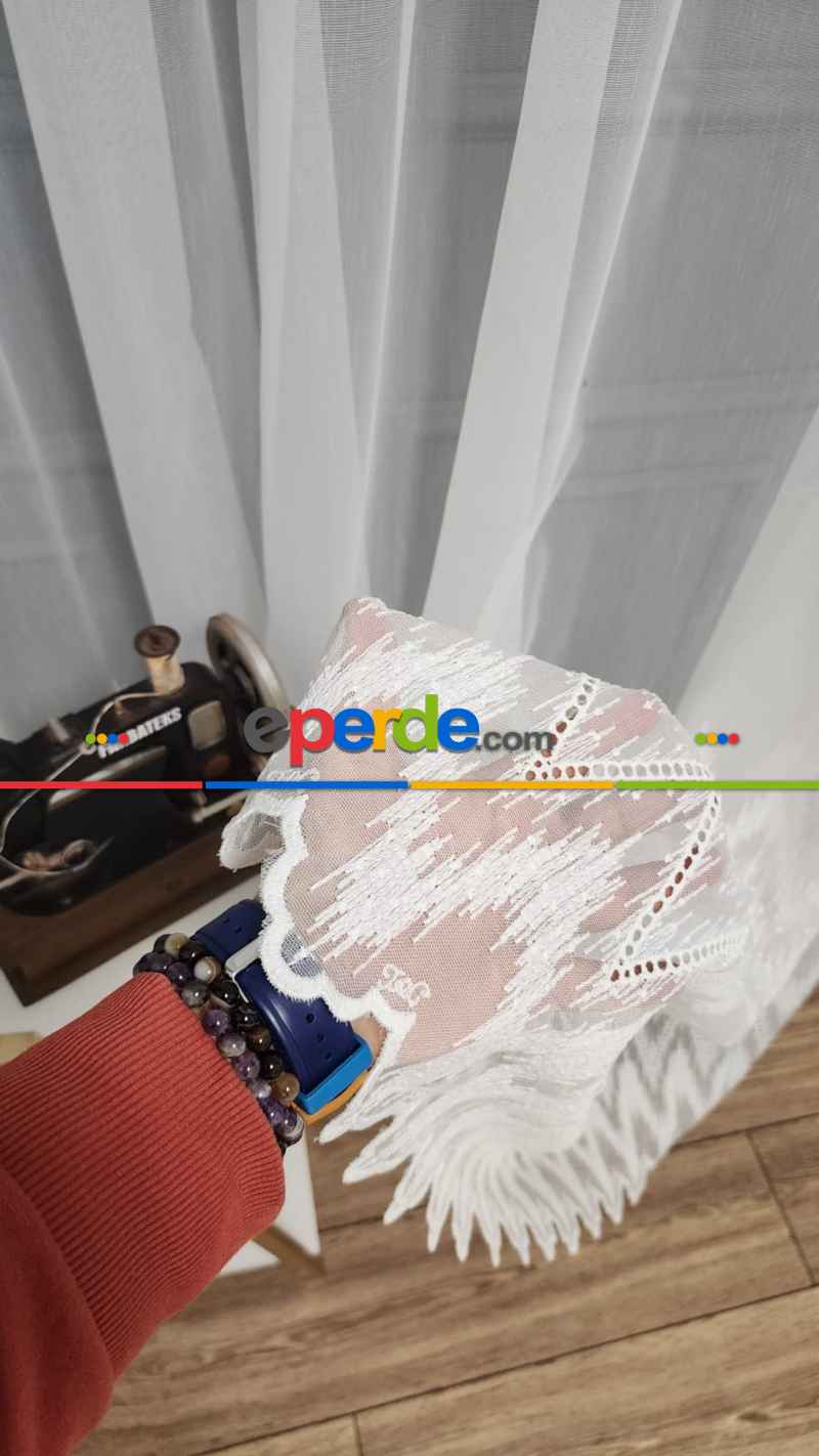 Salon - Taç Etek Geniş Ritim Model Desenli Kırışmaz Ütü İstemez Keten Tül Perde