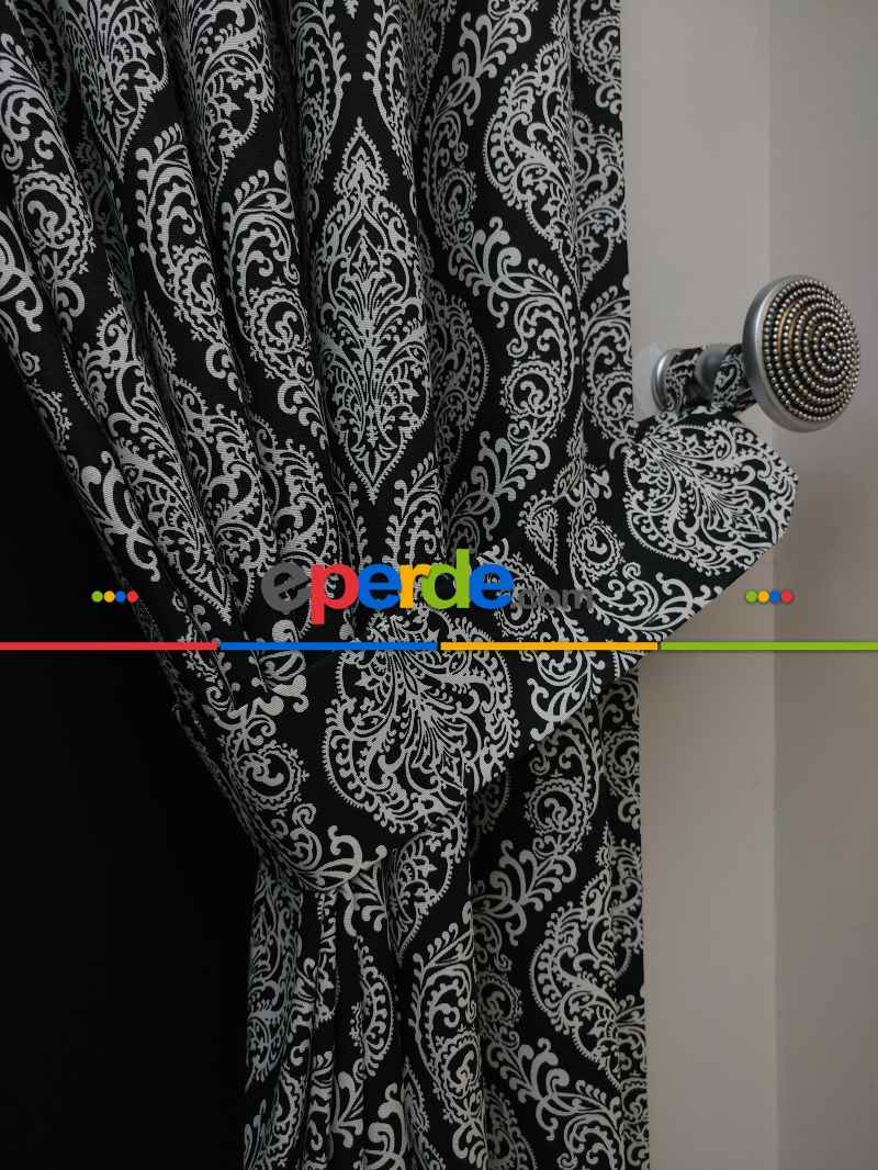 Salon Fon Perde - Damask Desenli Oturma Odası Fon Perde- Siyah
