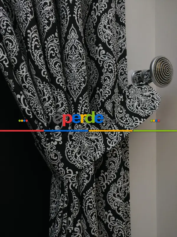 Yatak Odası - Damask Desenli Oturma Odası Fon Perde- Siyah