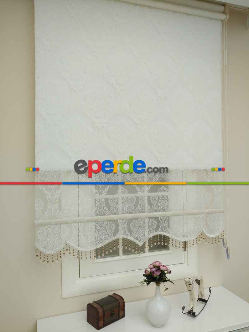 Brillant Çiftli Sistem Tül Ve Stor Perde - Büyük Damask Ekru Renk - Mekanik Perde