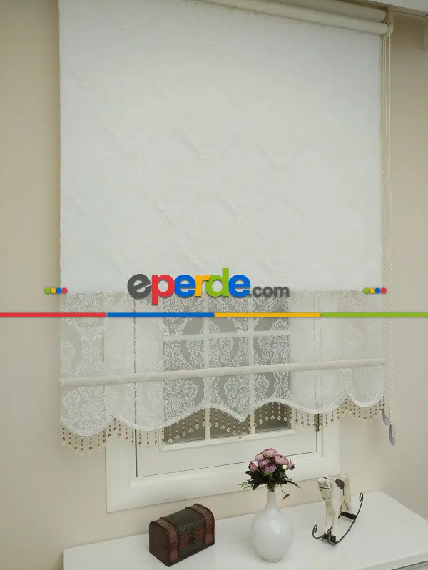 Brillant Çiftli Sistem Tül Ve Stor Perde - Büyük Damask Ekru Renk - Mekanik Perde