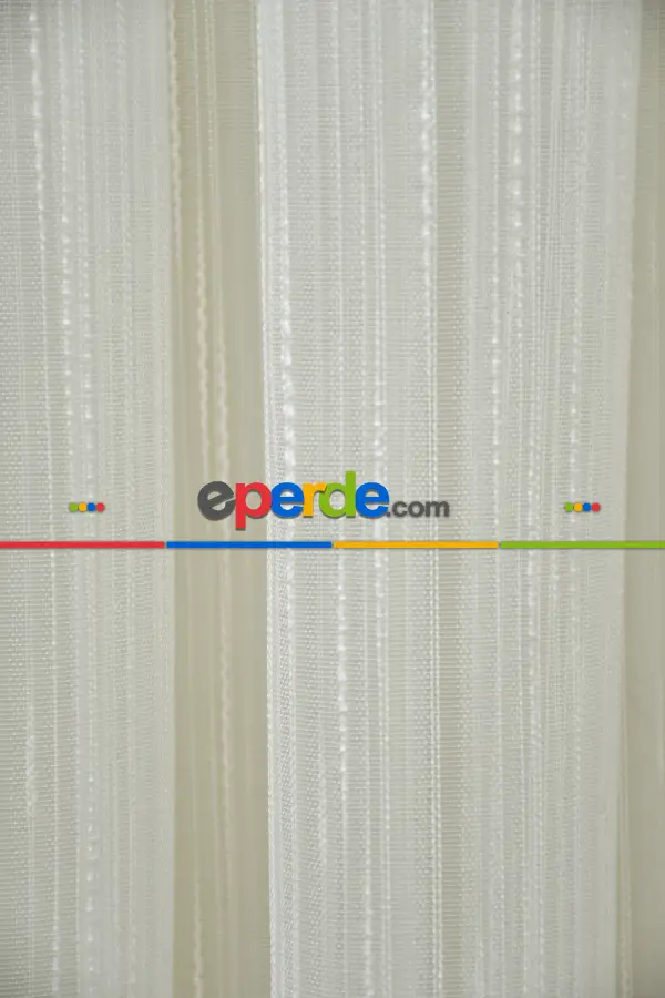 Arzenen Marka Kendinden Çizgili Efekt Dokulu Şantuklu Tül Perde- Krem - Kurşunlu Tül