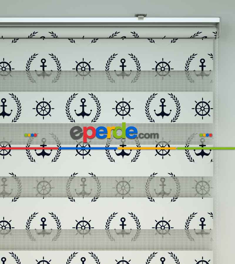 Bebek Odası Zebra Perde - Çapa Baskılı Zebra Perde- Mavi-Beyaz