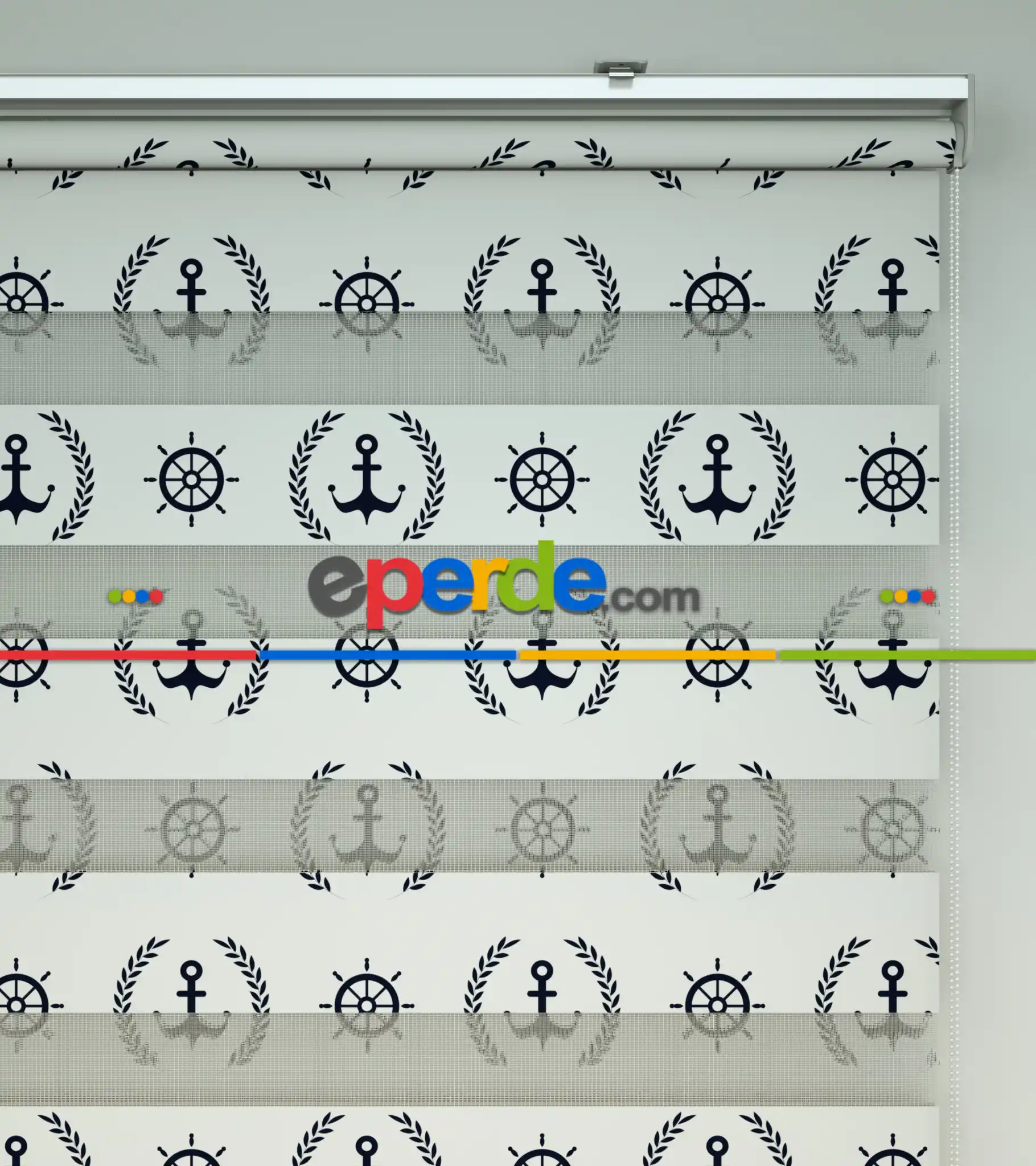 Bebek Odası Zebra Perde - Çapa Baskılı Zebra Perde- Mavi-Beyaz