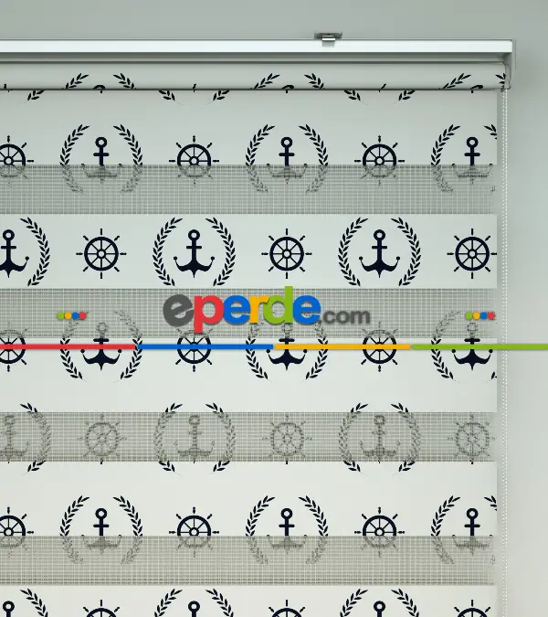 Bebek Odası Zebra Perde - Çapa Baskılı Zebra Perde- Mavi-Beyaz