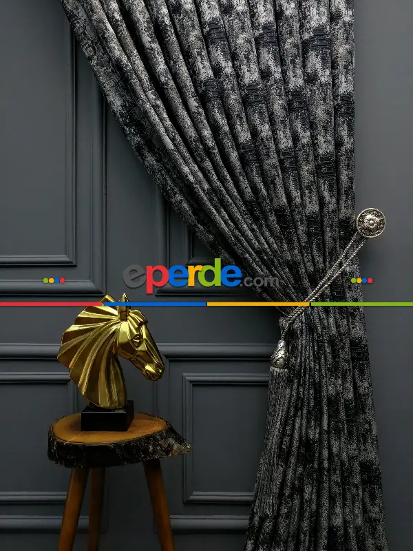 Yatak Odası Fon Patinedesenli Modern Desenli Jakarlı Fon Perde Yeni Seri 401- Lacivert-gri-füme-antrasit-füme