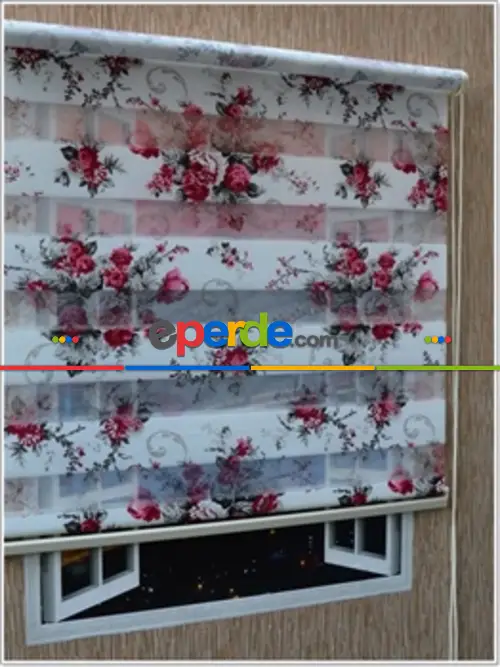 Kırmızı Gül Desenli Zebra Perde- Kırmızı