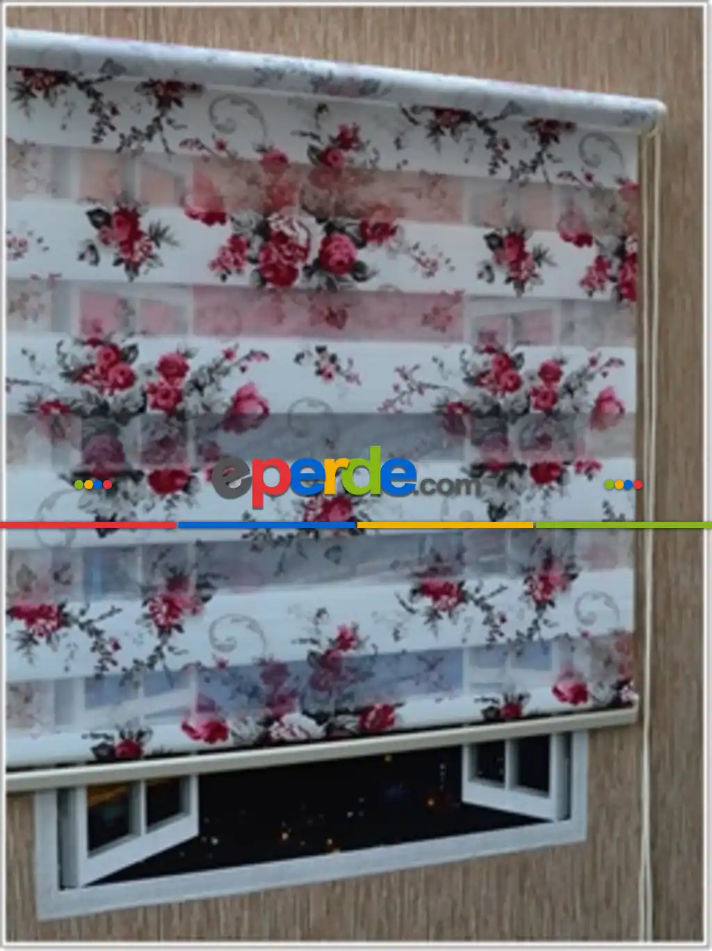 Kırmızı Gül Desenli Zebra Perde- Kırmızı