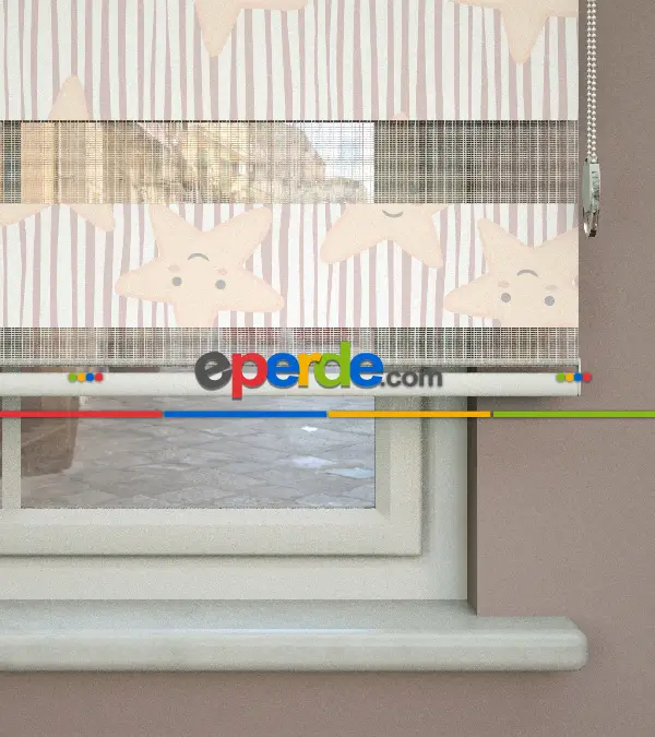 Yıldız Desenli Baskılı Zebra Perde- Çok Renkli