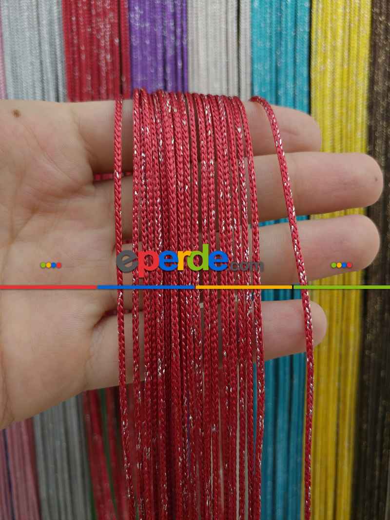 Kırmızı Rengi İp Perde Kalın Zincir Simli Serisi- Kırmızı-gümüş