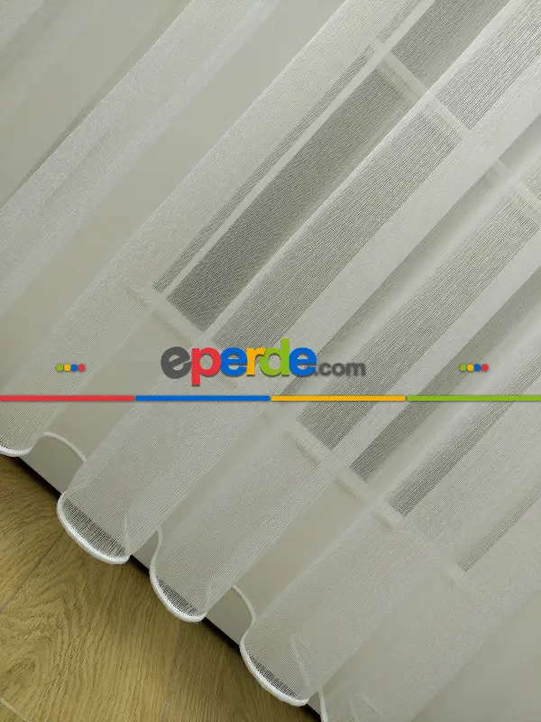 Oturma Odası - Ekru Sık Dokulu Çizgili Modern Düz Tül Perde Ütü İstemez