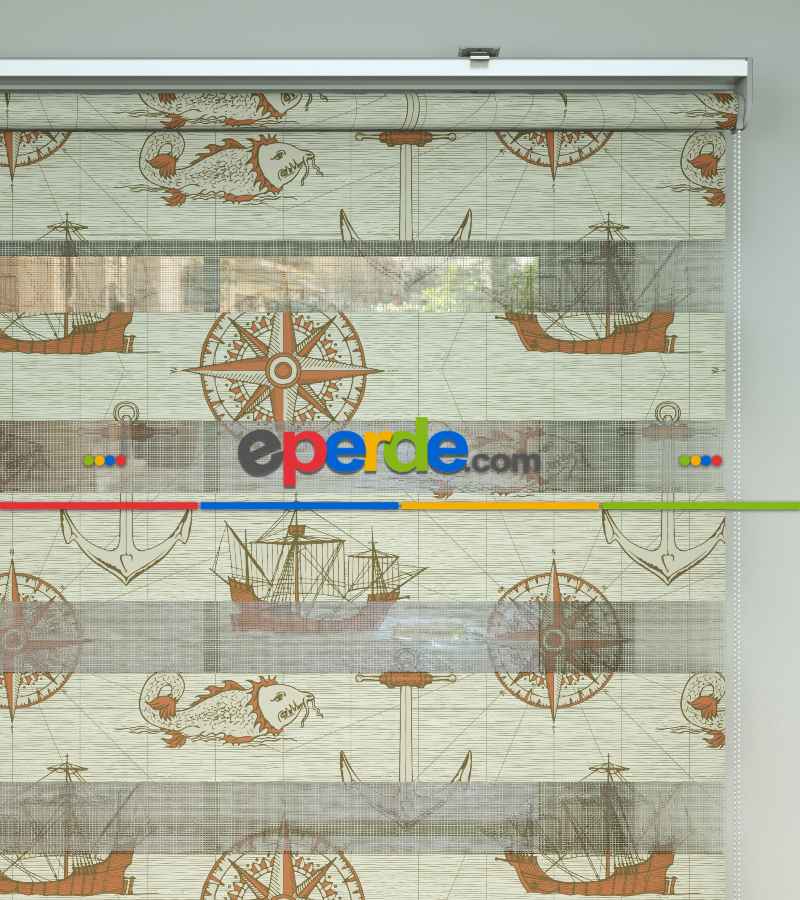 Bebek Odası Zebra Perde - Gemi Ve Pusula Desen Baskılı Zebra Perde- Bej-Turuncu