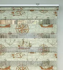 Gemi Ve Pusula Desen Baskılı Zebra Perde- Bej-turuncu-kırmızı