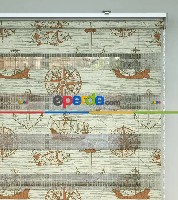 Bebek Odası Zebra Perde - Gemi Ve Pusula Desen Baskılı Zebra Perde- Bej-Turuncu