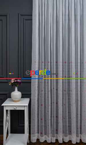 Hazır Ölçülü Petek Zemin Açık Pembe Ve Mavi Renkli Puantiye Desenli Grek Baskılı Tül Perde