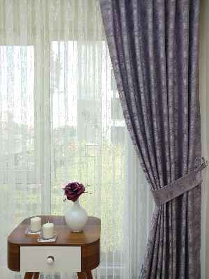 Patinedesenli Lila - Katyonik Jakar Fon Perde- Lila