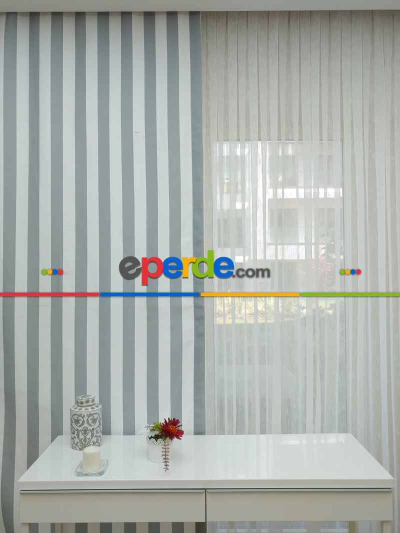 Gri Beyaz Çizgili Kaliteli Fon Perde Modelleri- Mavi-Beyaz