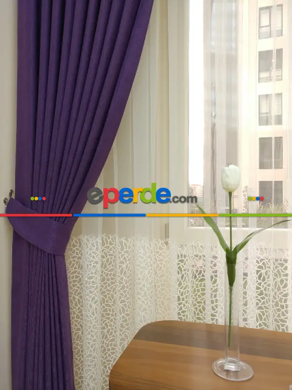 Mor Düz Fon Perde Dökümlü Birinci Kalite 300 Cm Geniş En Daha Hesaplı- Mor