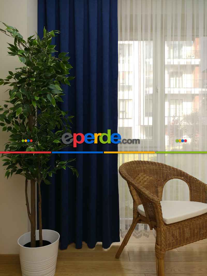 Oturma Odası Lacivert Düz Fon Perde - Lacivert