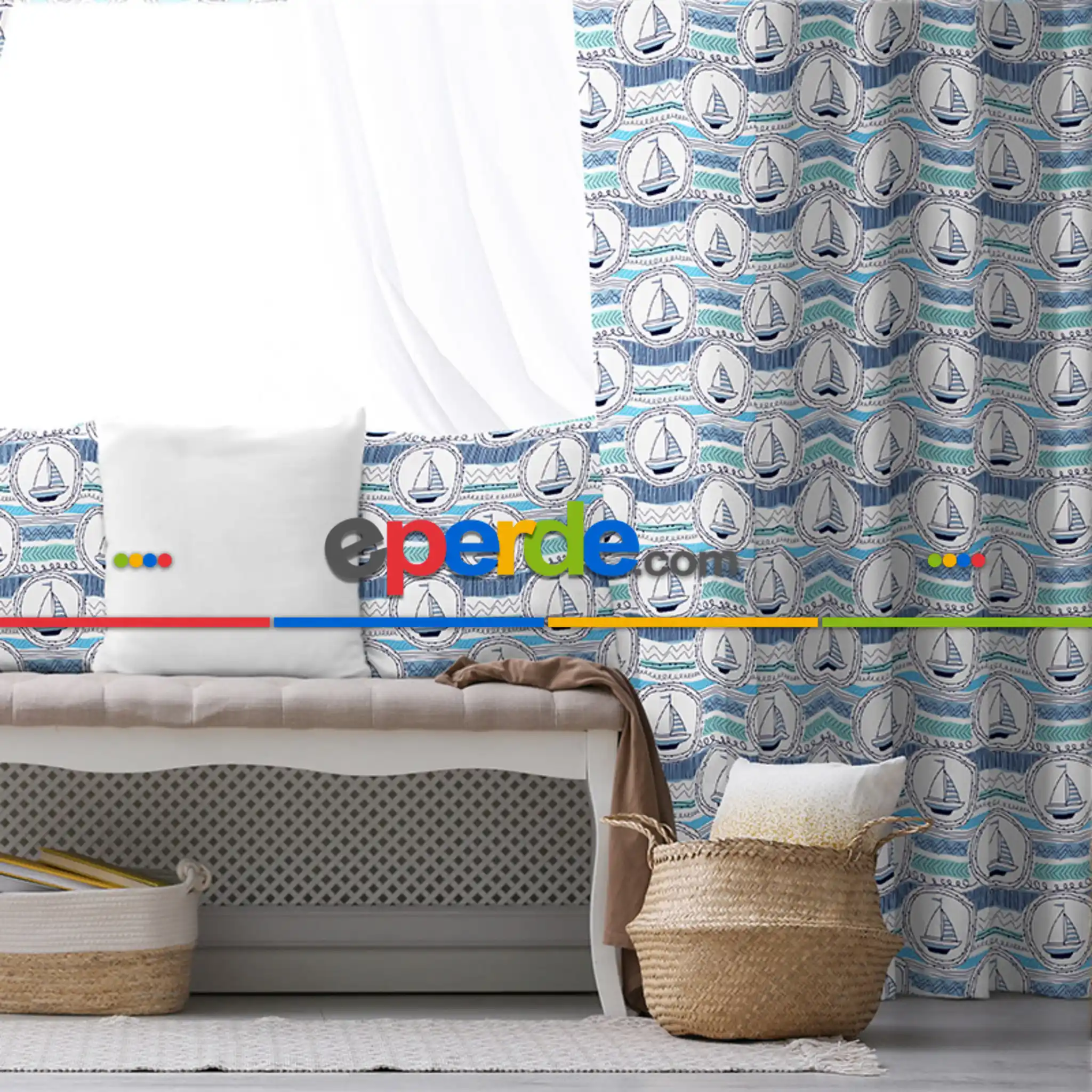 Çocuk Odası - Yelken Desenli Fon Perde Evim791 Kumaşı Kalındır Duck Bezi Değildir- Mavi-beyaz