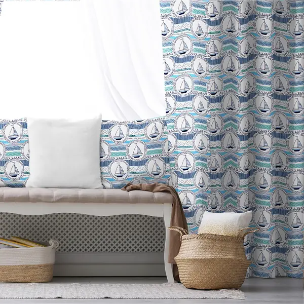 Çocuk Odası - Yelken Desenli Fon Perde Evim791 Kumaşı Kalındır Duck Bezi Değildir- Mavi-beyaz