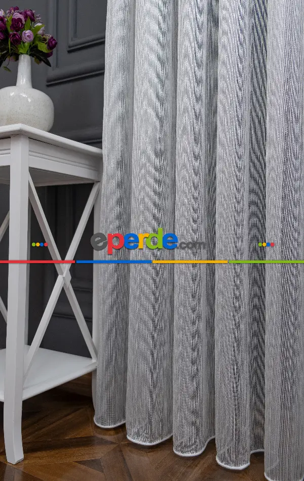 Salon Tül - Gümüş Çizgili Düz Fantezi Tül Perde