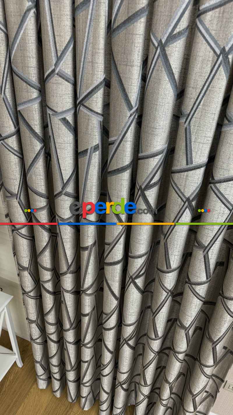 Gri Petrol Mavi Geometrik Desen Jakar Dokuma Fon Perde - Premium Seri Ağır Gramajlı