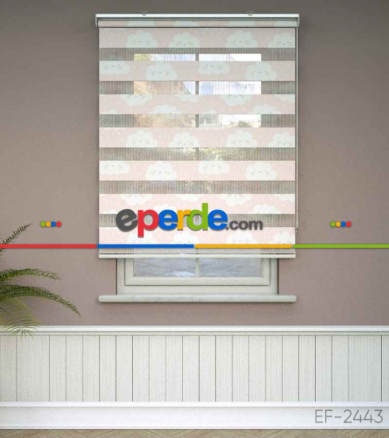 Bulut Desenli Baskılı Zebra Perde- Çok Renkli