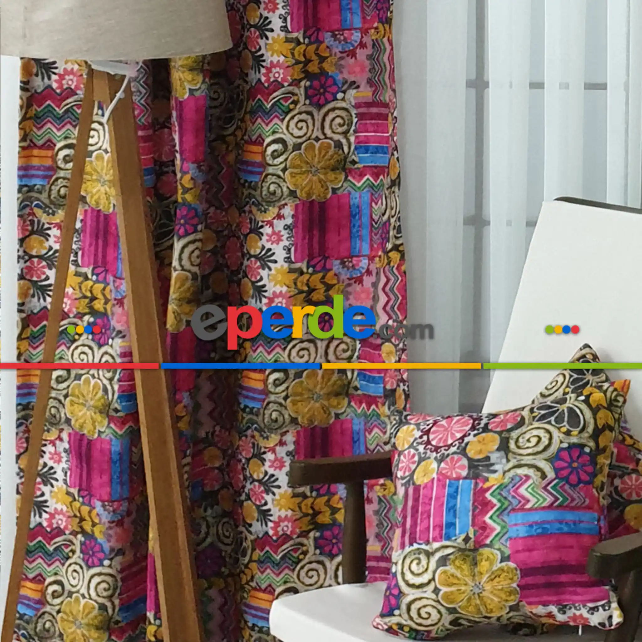 Etnik Fuşya Desenli Fon Perde Perde4103-1 Kumaşı Kalındır Duck Bezi Değildir- Sarı-Fuşya- Çok Renkli 2