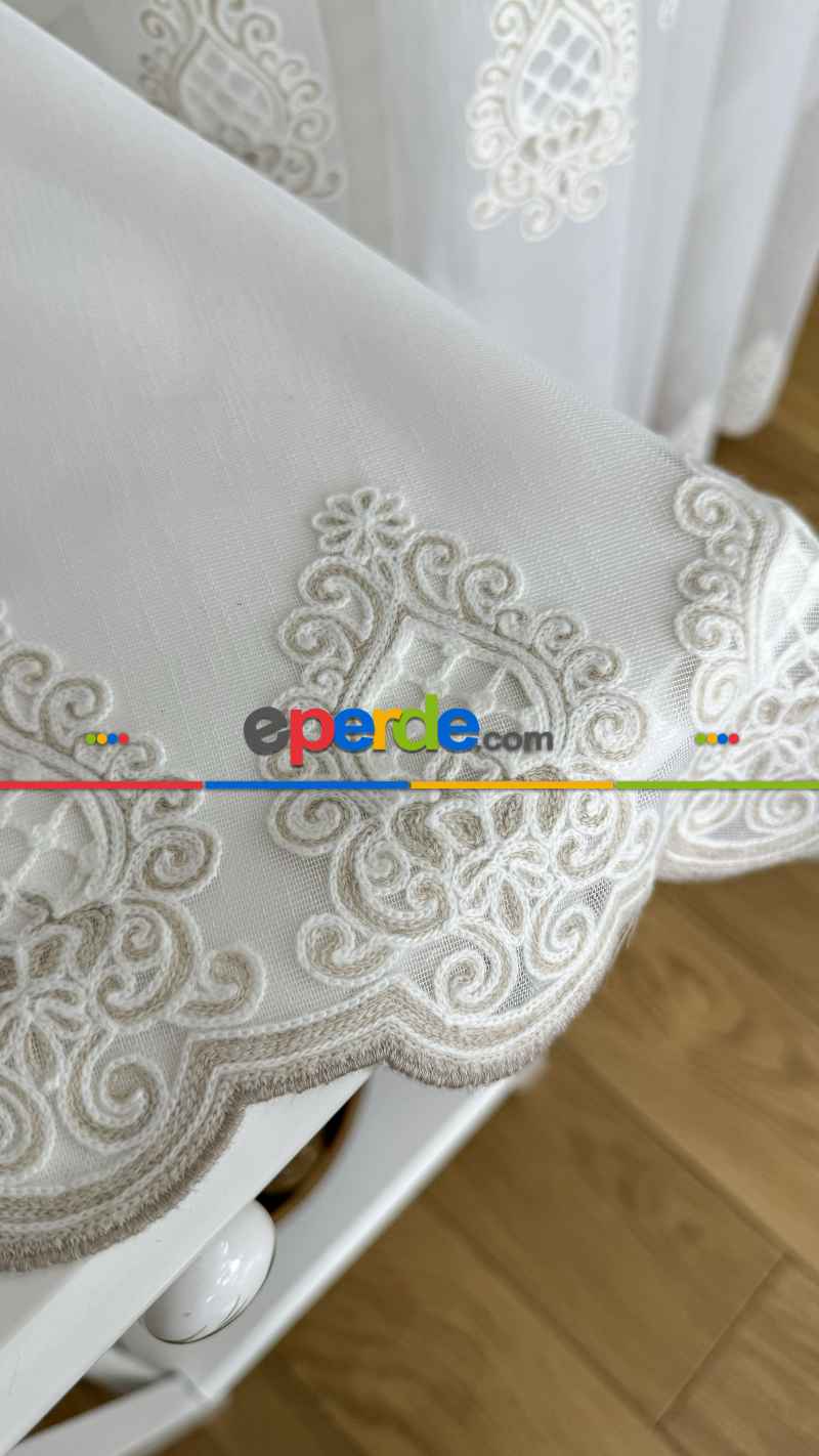 Oturma Odası Ekru Özel Dokuma Damask, Bej Özel İplik Brode İşlemeli Tül Perde - Ağır Gramajlı Premium Nakışlı
