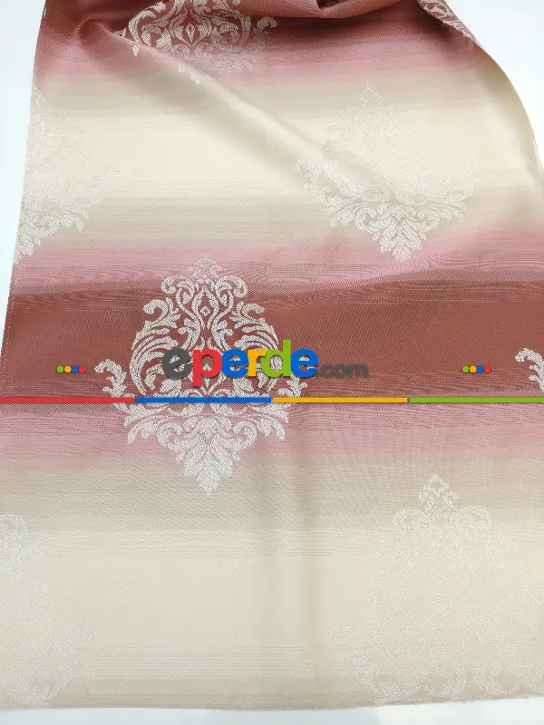 Renk Geçişli Jakar Desenli Salon Fon Perdesi - Kızıl - Pembe - Bej- Bej-pembe-kiremit Rengi
