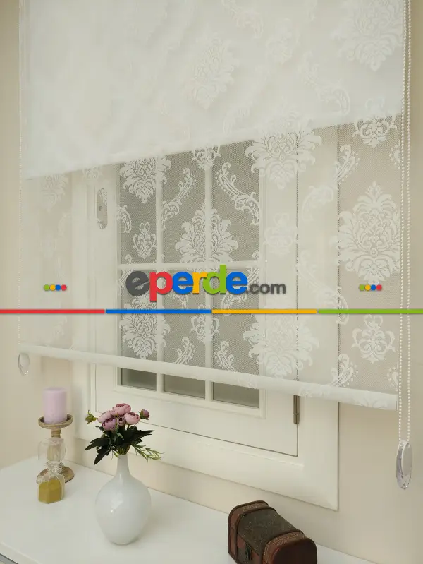 Jakar Örme Tül- Ekru Çiftli Sistem Dantel Desenli Perde- Ekru