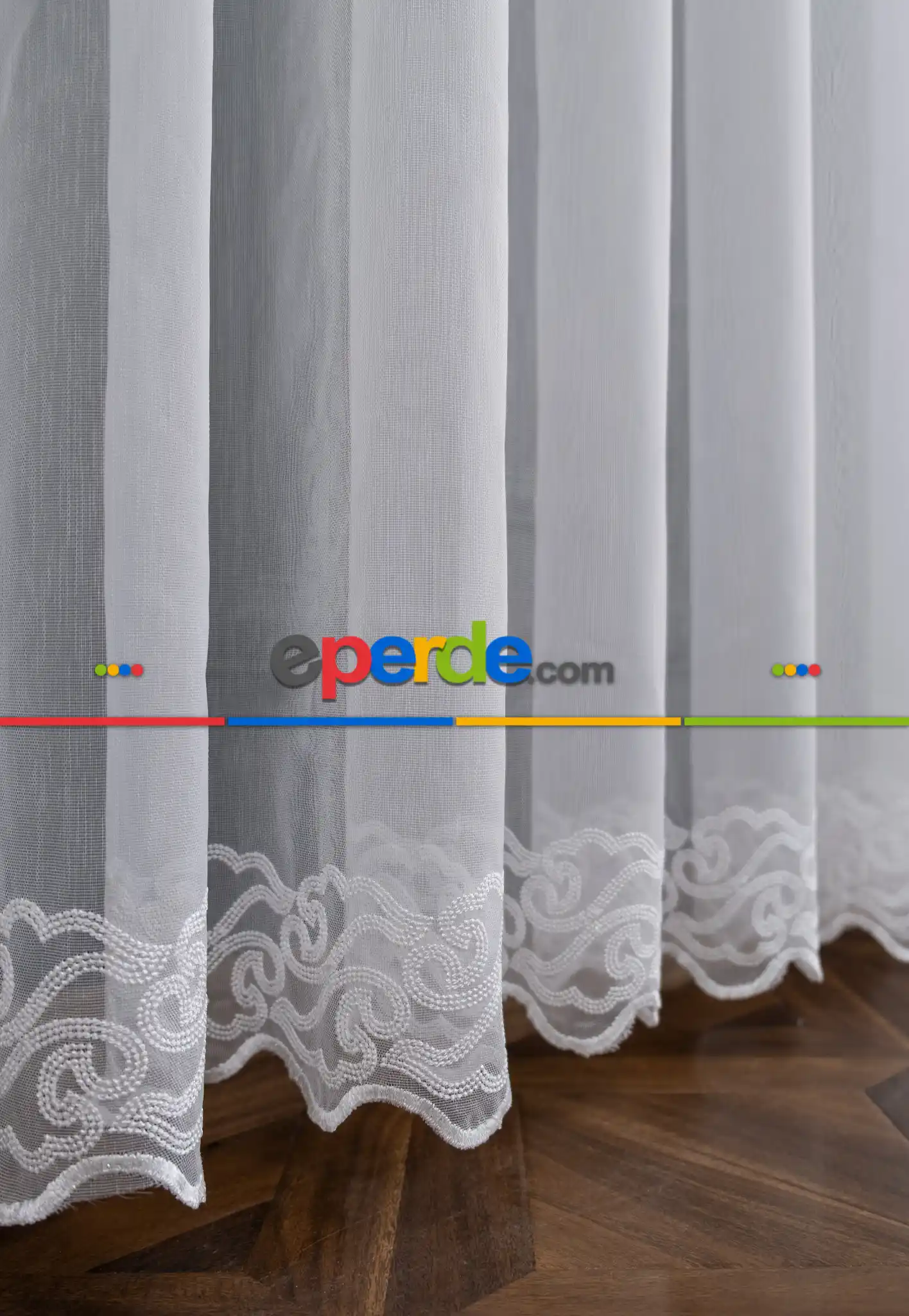 Hafif Keten Zemin Etek Ucu Desenli Tül Perde - Ütü İstemez - Ekru Kırık Beyaz Açık Krem - Modern Bantlı