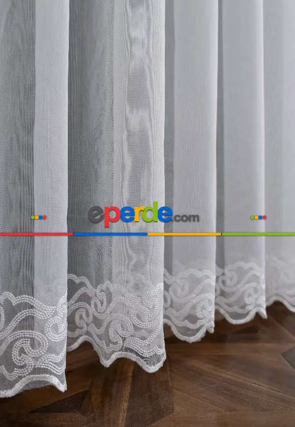 Hafif Keten Zemin Etek Ucu Desenli Tül Perde - Ütü İstemez - Ekru Kırık Beyaz Açık Krem - Modern Bantlı