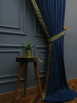 Modern Bordürlü Salon Fon Perdesi İkon 2021 Elıte- Siyah-lacivert-hardal Sarısı