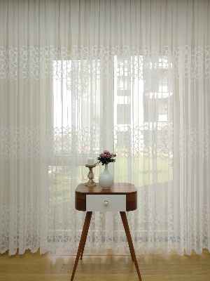 mutfak - Sıralı Desenli Dantel Örme Tül Perde - Ekru Renk- Ekru