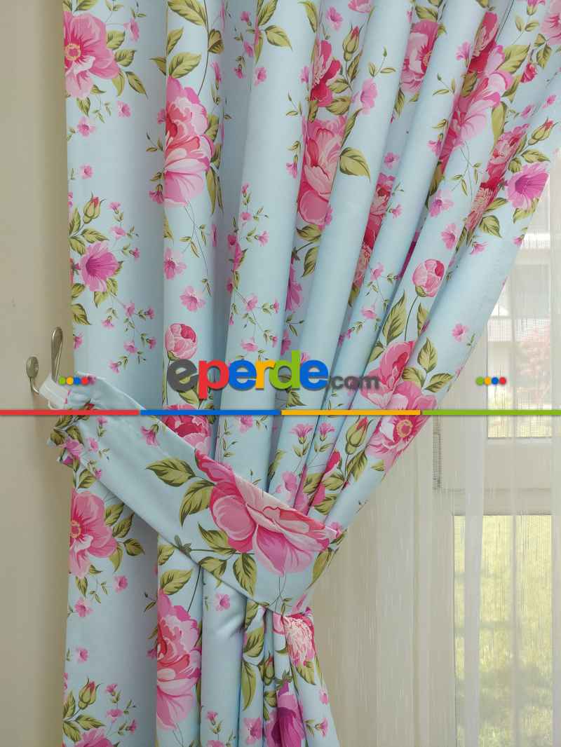 Yatak Odası - Çiçek Desenli Kaliteli Fon Perde Modelleri- Turkuaz-Pembe-Açık Yeşil