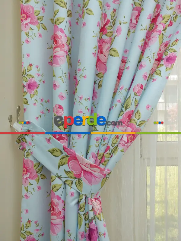 Yatak Odası - Çiçek Desenli Kaliteli Fon Perde Modelleri- Turkuaz-Pembe-Açık Yeşil