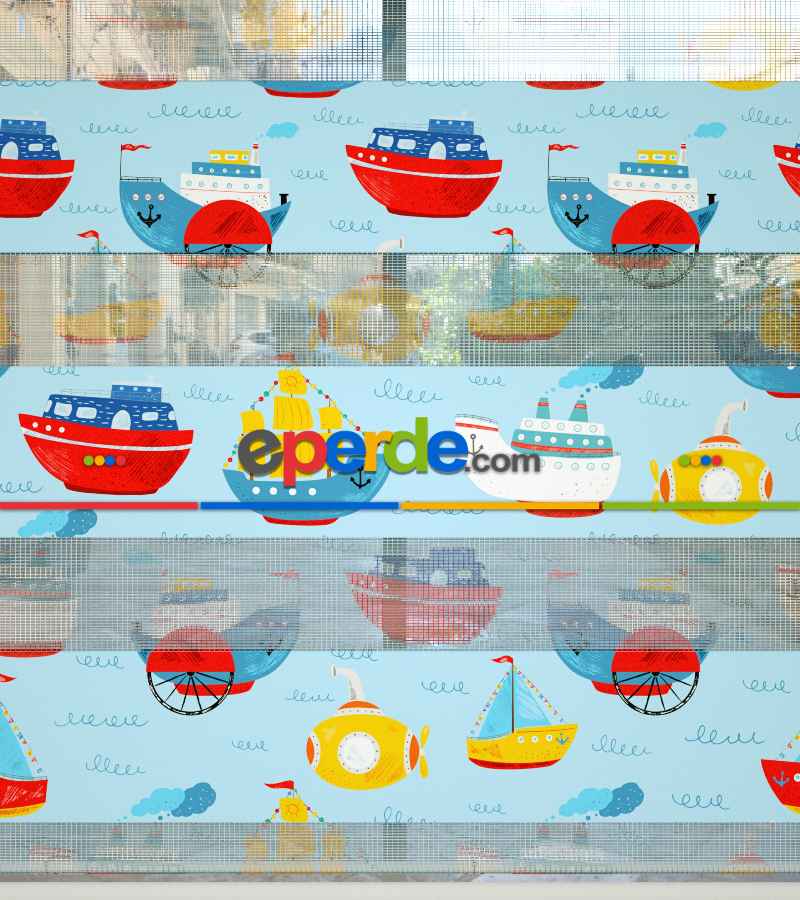 Bebek Odası Zebra Perde - Gemi Desen Baskılı Zebra Perde- Çok Renkli