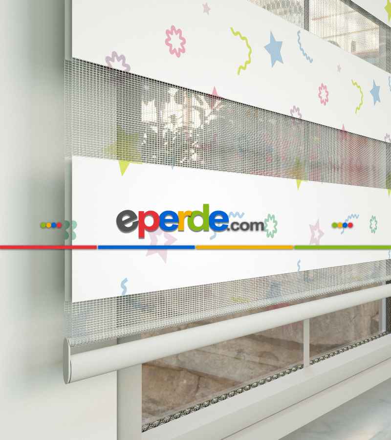 Yıldız Desenli Baskılı Zebra Perde- Çok Renkli