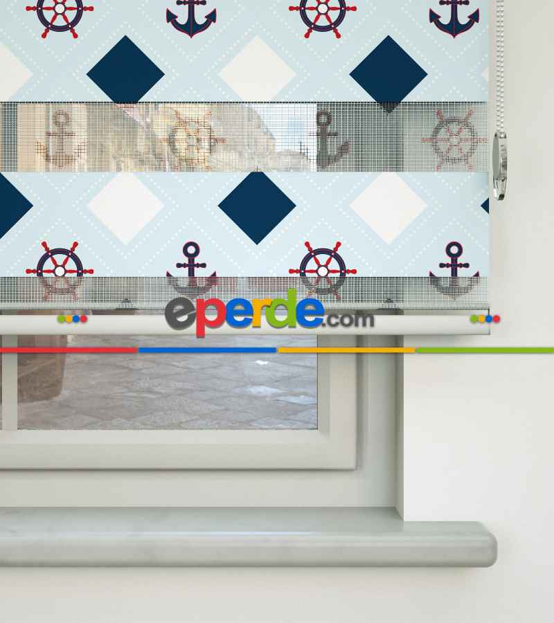 Bebek Odası Zebra Perde - Çapa Desen Baskılı Zebra Perde- Çok Renkli