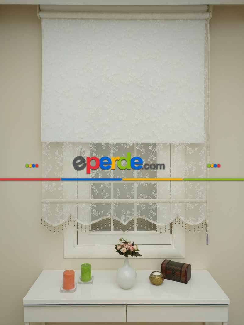 Brillannt - Tül + Stor Perde - Çiçekli Desen Çiftli Sistem Perde - Dallı Çiçek Model- Krem Açık-ekru