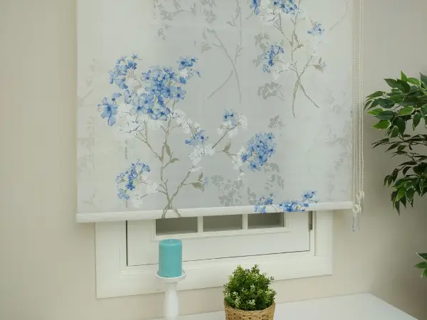 Desenli Mutfak Stor Perde- Mavi