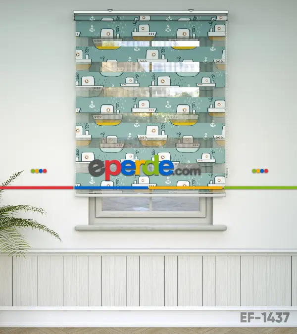 Bebek Odası Zebra Perde - Gemi Desen Baskılı Zebra Perde- Çok Renkli