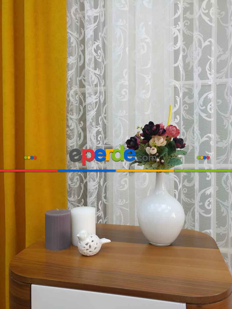 Oturma Odası - Sarmaşık Desenli Tül Perde- Ekru