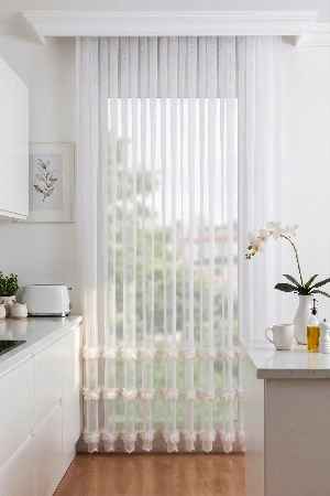 Bambu Zemin, Etek Püsküllü Tül Perde, Bambu Doğal Dokulu, Ekru